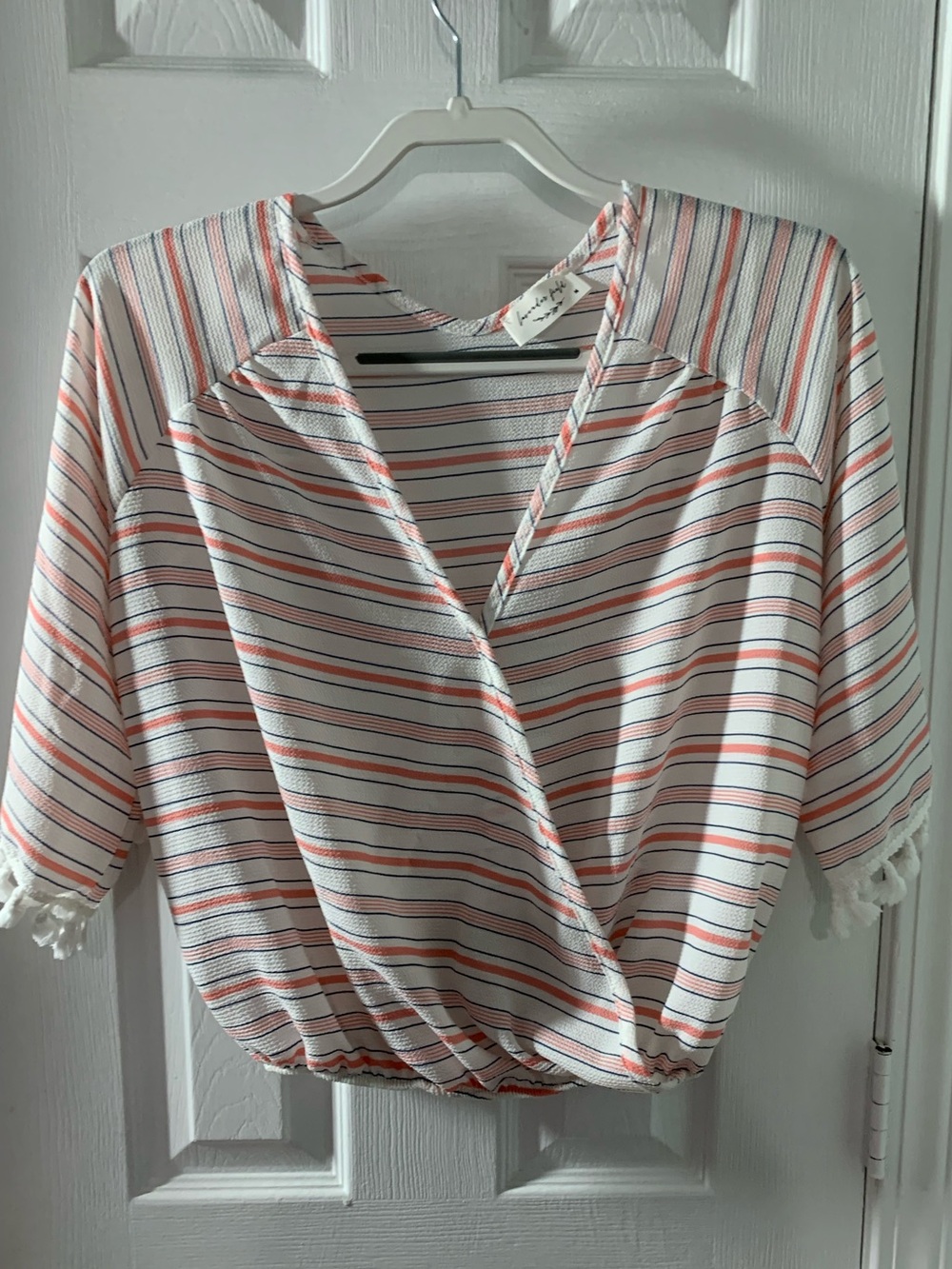 lavender field Striped Wrap-Front Blouse in White, Peach, Navy